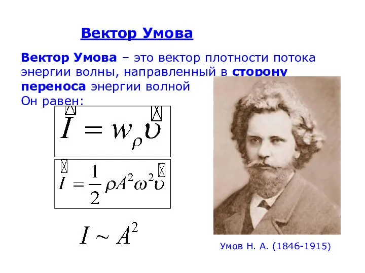 Вектор Умова Вектор Умова – это вектор плотности потока энергии волны,