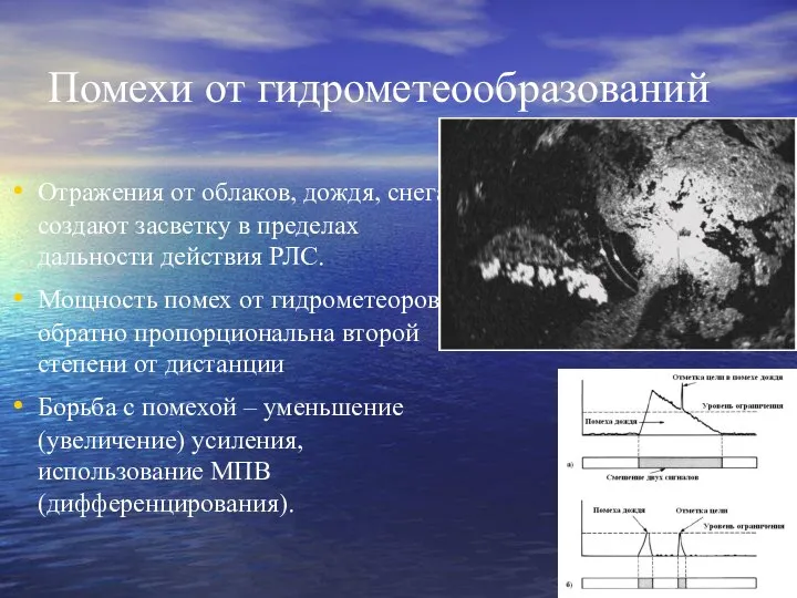 Помехи от гидрометеообразований Отражения от облаков, дождя, снега создают засветку в