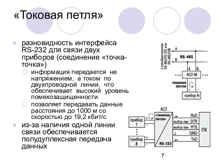 «Токовая петля» разновидность интерфейса RS-232 для связи двух приборов (соединение «точка-точка»)