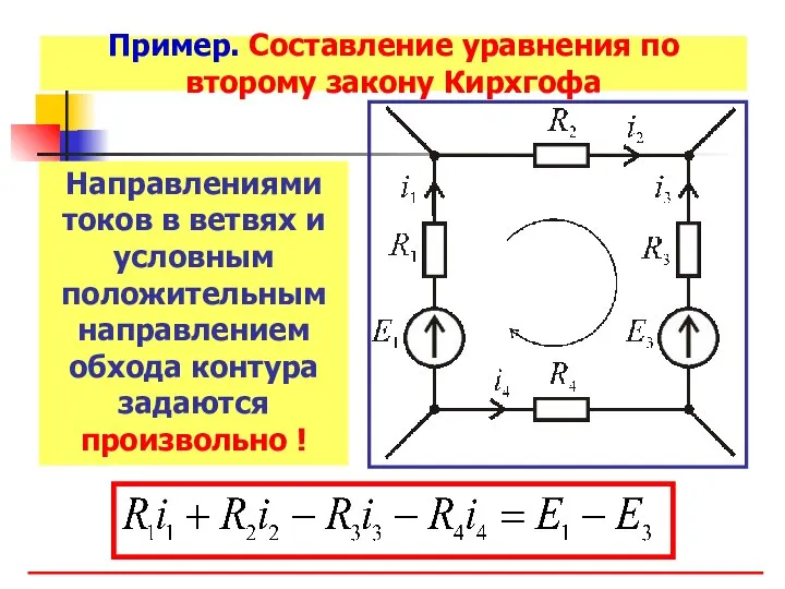 Пример. Составление уравнения по второму закону Кирхгофа Направлениями токов в ветвях