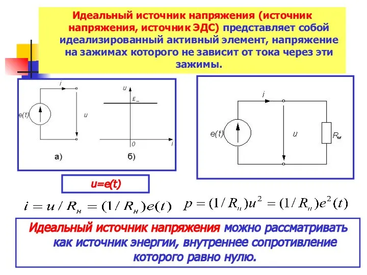 u=e(t) Идеальный источник напряжения можно рассматривать как источник энергии, внутреннее сопротивление