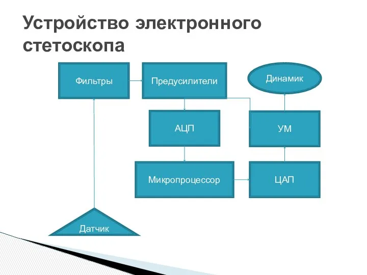 Устройство электронного стетоскопа Фильтры Датчик Предусилители АЦП Микропроцессор ЦАП УМ Динамик