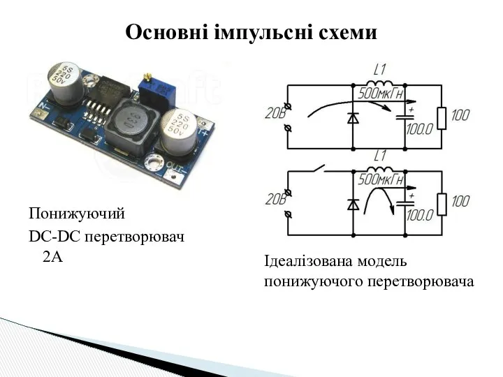 Основні імпульсні схеми Понижуючий DC-DC перетворювач 2А Ідеалізована модель понижуючого перетворювача