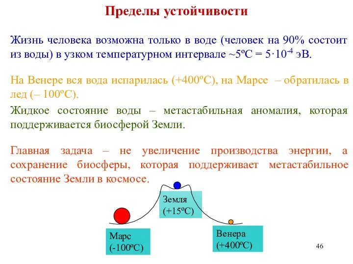 Пределы устойчивости Жизнь человека возможна только в воде (человек на 90%