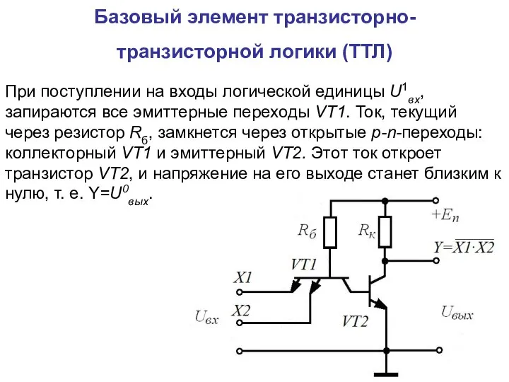 Базовый элемент транзисторно-транзисторной логики (ТТЛ) При поступлении на входы логической единицы