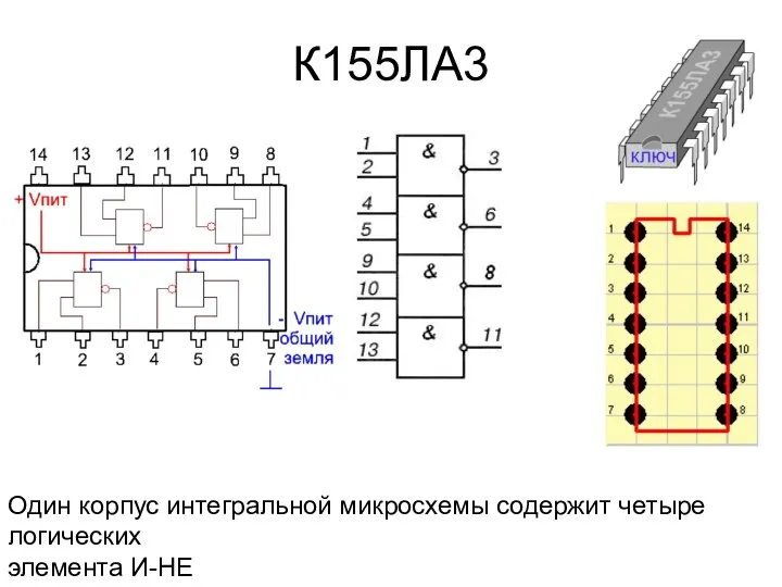 К155ЛА3 Один корпус интегральной микросхемы содержит четыре логических элемента И-НЕ