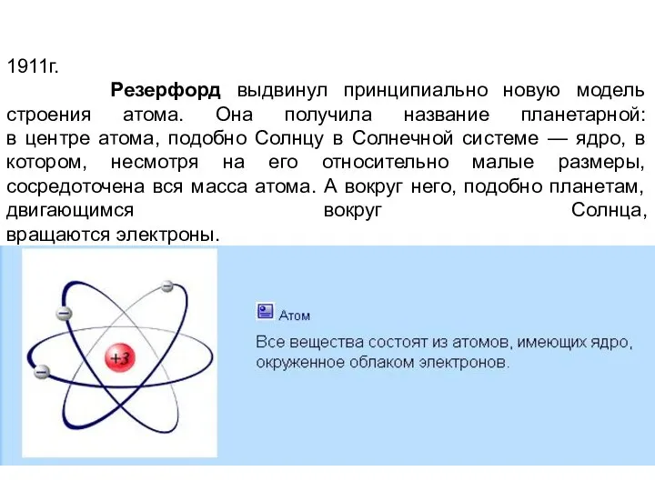 1911г. Резерфорд выдвинул принципиально новую модель строения атома. Она получила название