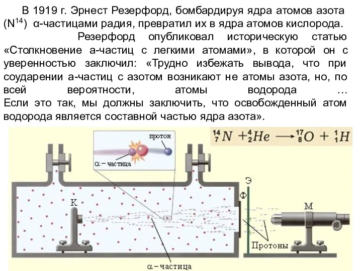 В 1919 г. Эрнест Резерфорд, бомбардируя ядра атомов азота (N14) α-частицами