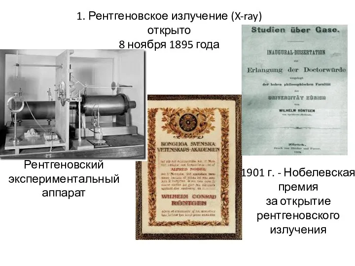 1901 г. - Нобелевская премия за открытие рентгеновского излучения 1. Рентгеновское