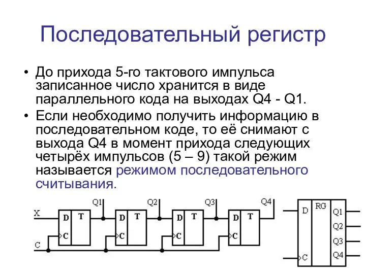 Последовательный регистр До прихода 5-го тактового импульса записанное число хранится в