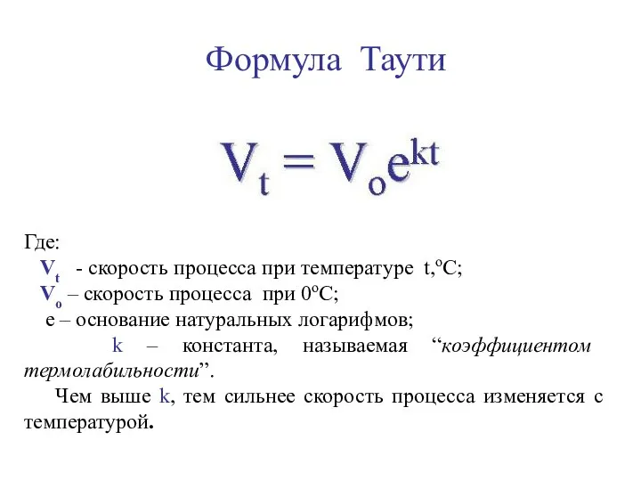 Формула Таути Где: Vt - скорость процесса при температуре t,оС; Vo