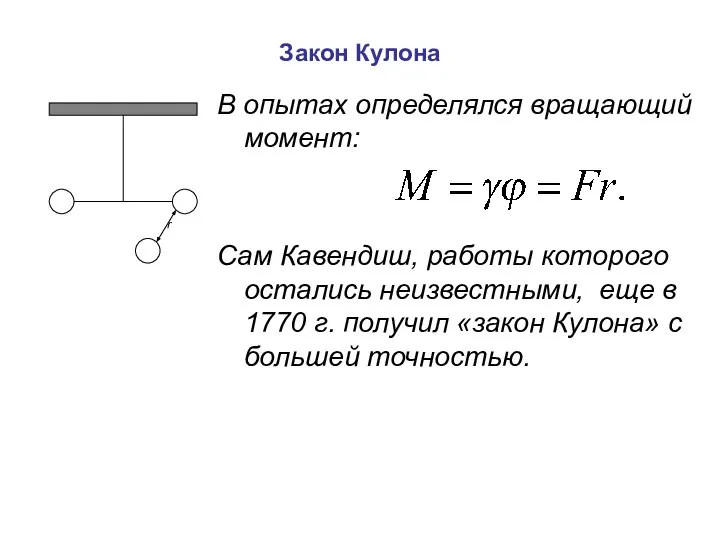 Закон Кулона В опытах определялся вращающий момент: Сам Кавендиш, работы которого