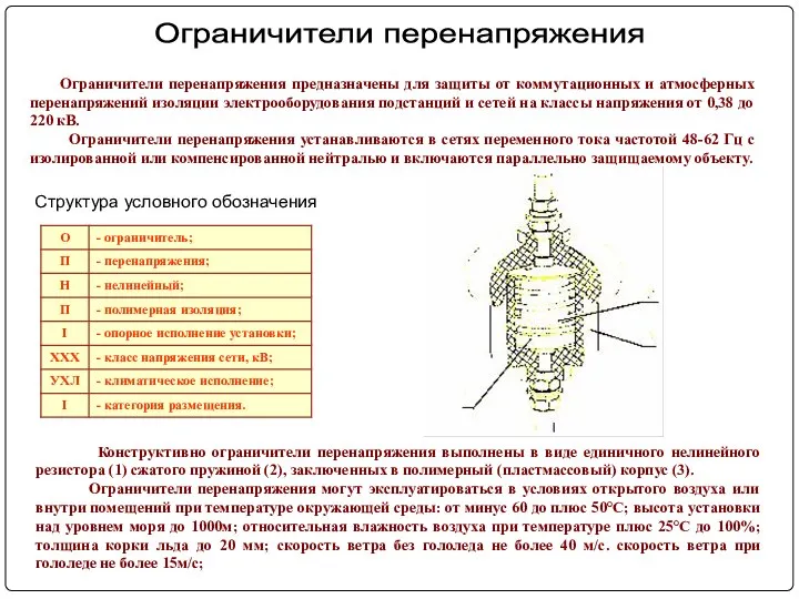 Ограничители перенапряжения предназначены для защиты от коммутационных и атмосферных перенапряжений изоляции