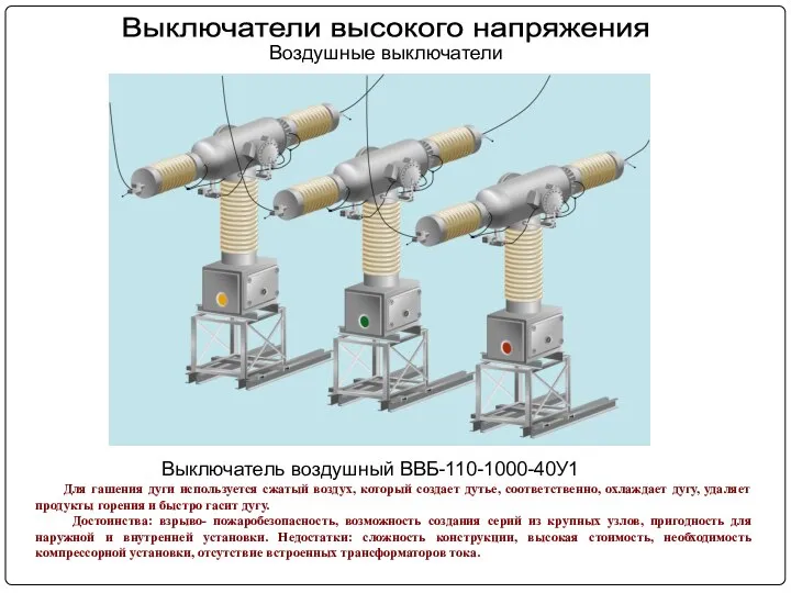 Для гашения дуги используется сжатый воздух, который создает дутье, соответственно, охлаждает