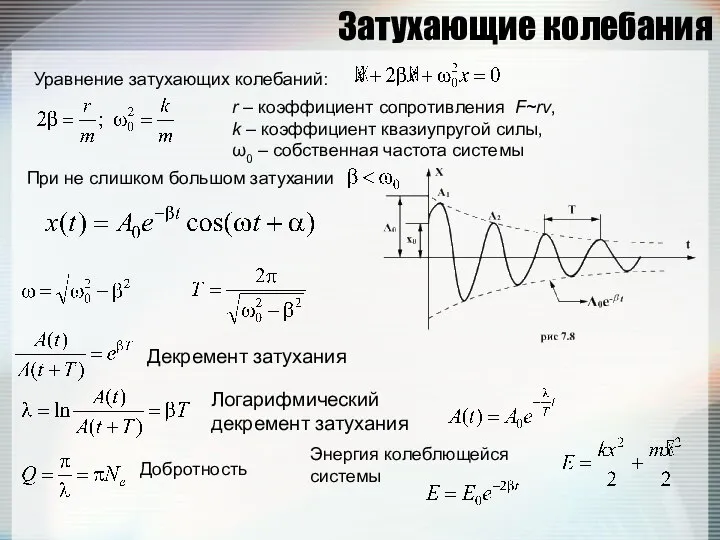 Затухающие колебания Уравнение затухающих колебаний: r – коэффициент сопротивления F~rv, k