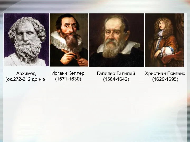 Архимед (ок.272-212 до н.э. Иоганн Кеплер (1571-1630) Галилео Галилей (1564-1642) Христиан Гюйгенс (1629-1695)