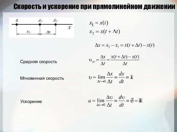 Скорость и ускорение при прямолинейном движении Средняя скорость Мгновенная скорость Ускорение