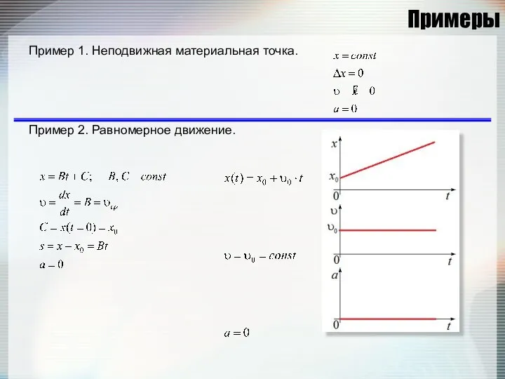 Примеры Пример 1. Неподвижная материальная точка. Пример 2. Равномерное движение.