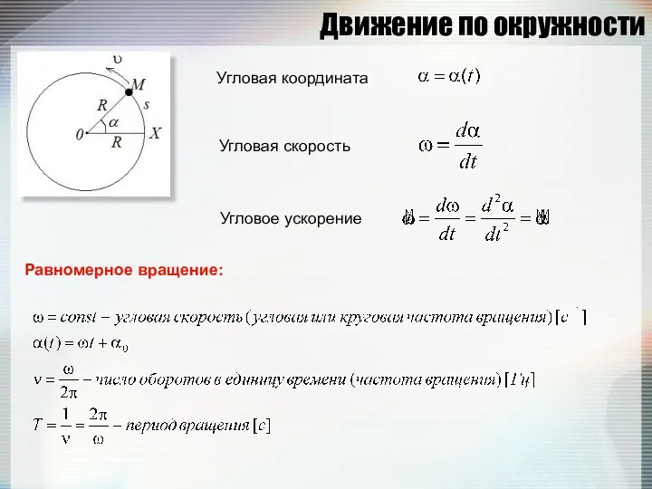 Движение по окружности Угловая скорость Угловое ускорение Угловая координата Равномерное вращение: