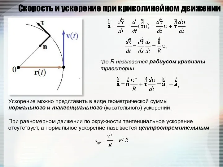 где R называется радиусом кривизны траектории Ускорение можно представить в виде