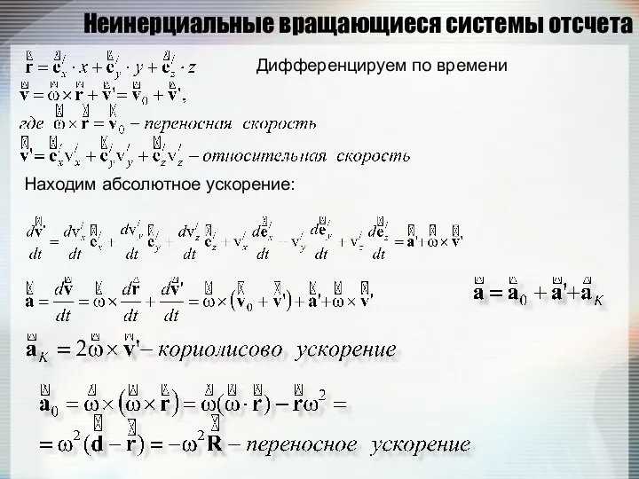 Неинерциальные вращающиеся системы отсчета Дифференцируем по времени Находим абсолютное ускорение: