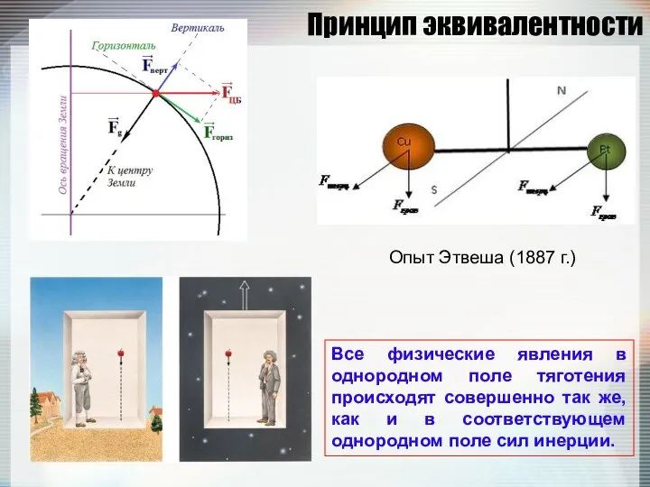 Принцип эквивалентности Все физические явления в однородном поле тяготения происходят совершенно