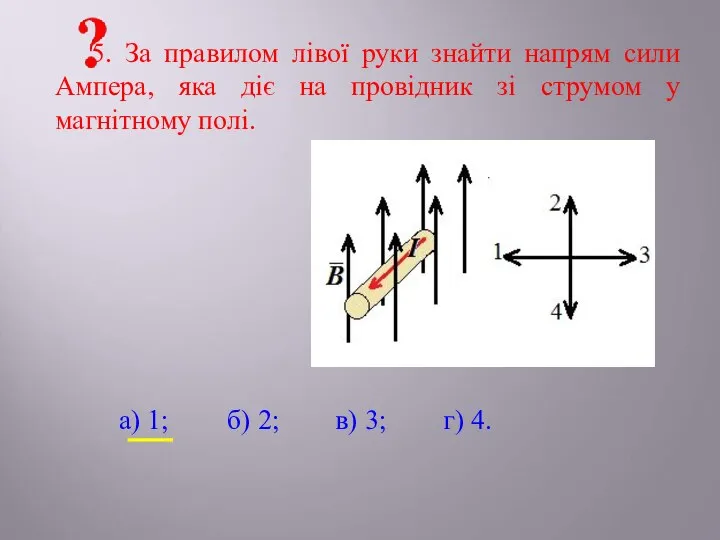 5. За правилом лівої руки знайти напрям сили Ампера, яка діє