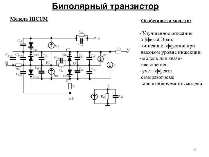 Биполярный транзистор Модель HICUM Особенности модели: Улучшенное описание эффекта Эрли; описание
