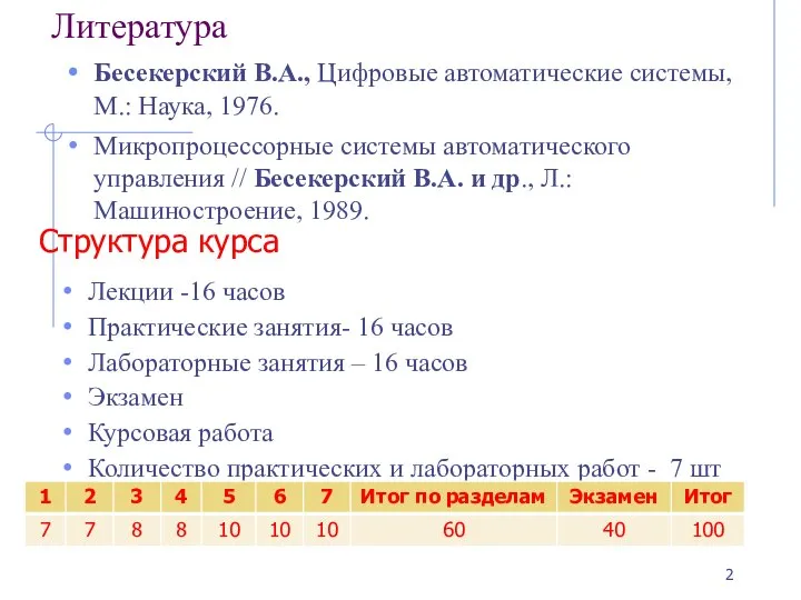 Литература Бесекерский В.А., Цифровые автоматические системы, М.: Наука, 1976. Микропроцессорные системы