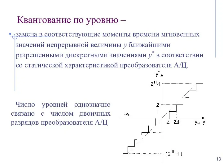 Квантование по уровню – замена в соответствующие моменты времени мгновенных значений