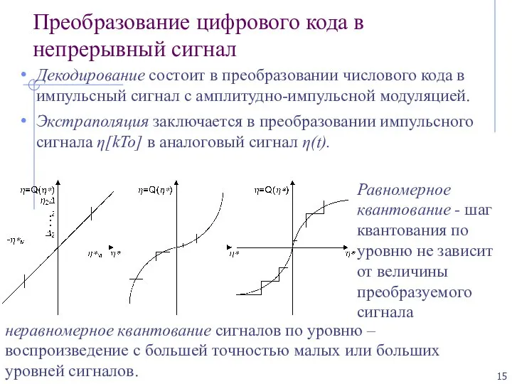 Преобразование цифрового кода в непрерывный сигнал Декодирование состоит в преобразовании числового