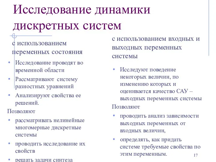 Исследование динамики дискретных систем с использованием переменных состояния Исследование проводят во