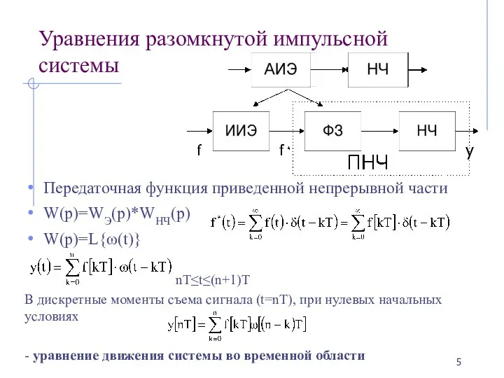 Уравнения разомкнутой импульсной системы Передаточная функция приведенной непрерывной части W(p)=WЭ(p)*WНЧ(p) W(p)=L{ω(t)}