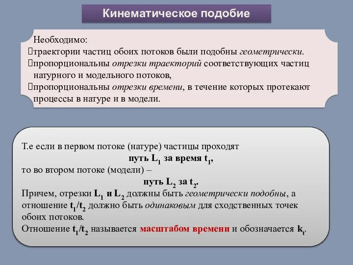 Кинематическое подобие Необходимо: траектории частиц обоих потоков были подобны геометрически. пропорциональны