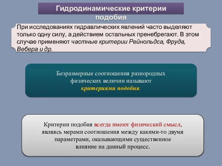 При исследованиях гидравлических явлений часто выделяют только одну силу, а действием