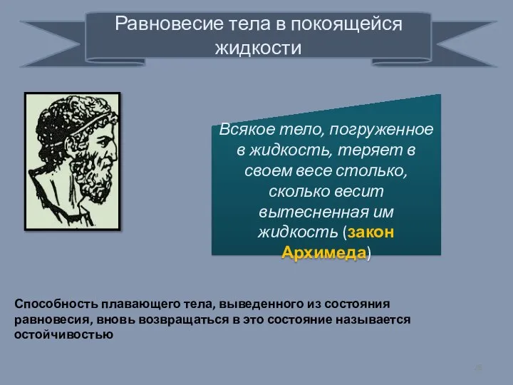 Равновесие тела в покоящейся жидкости Всякое тело, погруженное в жидкость, теряет