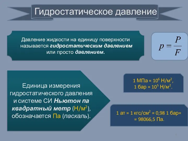 Давление жидкости на единицу поверхности называется гидростатическим давлением или просто давлением.