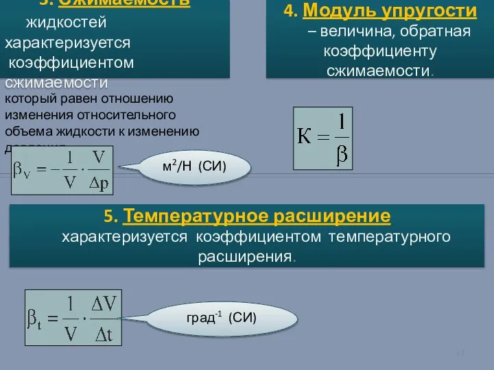 м2/Н (СИ) 3. Сжимаемость жидкостей характеризуется коэффициентом сжимаемости 4. Модуль упругости