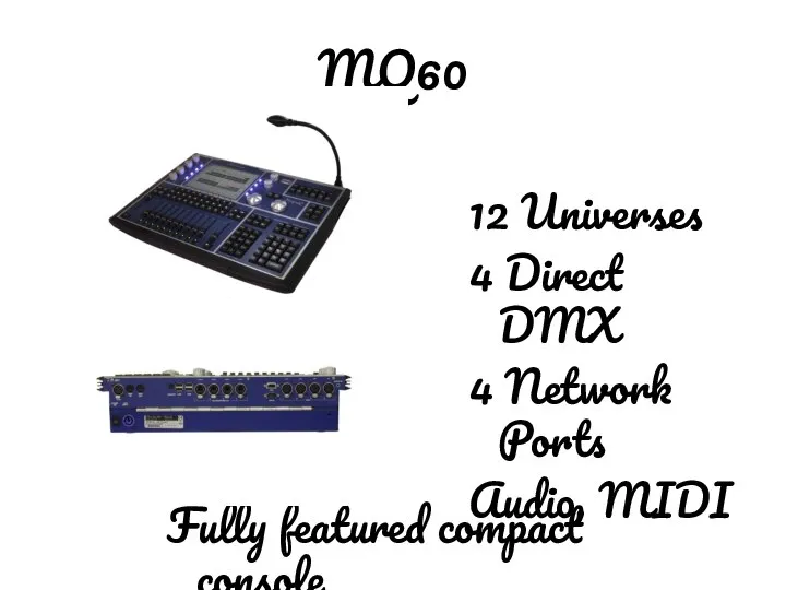 MQ60 12 Universes 4 Direct DMX 4 Network Ports Audio, MIDI Fully featured compact console