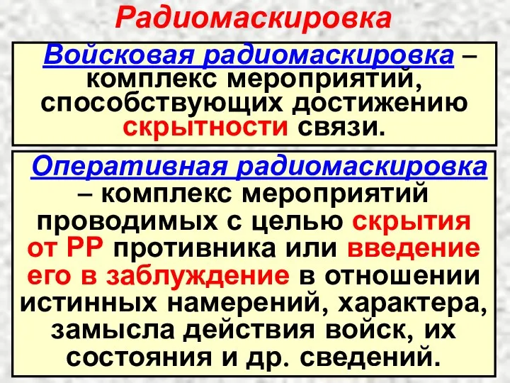 Радиомаскировка Войсковая радиомаскировка – комплекс мероприятий, способствующих достижению скрытности связи. Оперативная