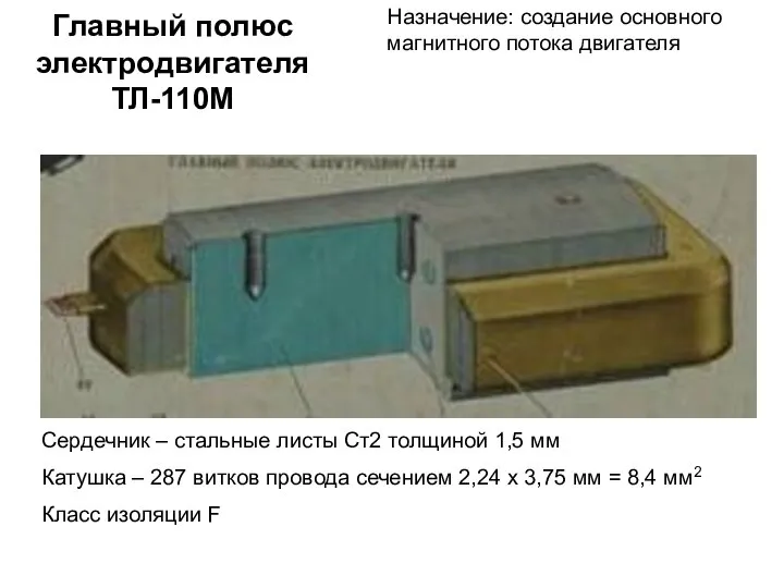 Главный полюс электродвигателя ТЛ-110М Сердечник – стальные листы Ст2 толщиной 1,5