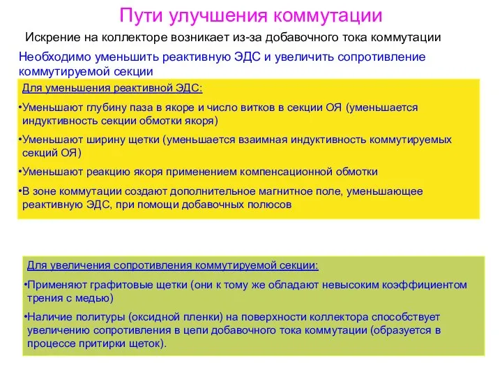 Пути улучшения коммутации Необходимо уменьшить реактивную ЭДС и увеличить сопротивление коммутируемой