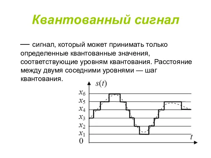 Квантованный сигнал — сигнал, который может принимать только определенные квантованные значения,