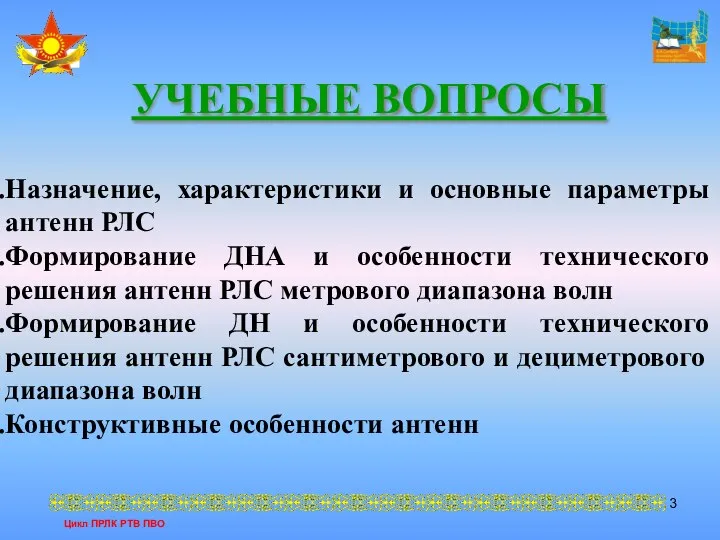 УЧЕБНЫЕ ВОПРОСЫ Назначение, характеристики и основные параметры антенн РЛС Формирование ДНА