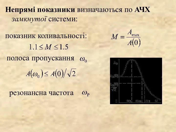 показник коливальності: Непрямі показники визначаються по АЧХ замкнутої системи: резонансна частота полоса пропускання