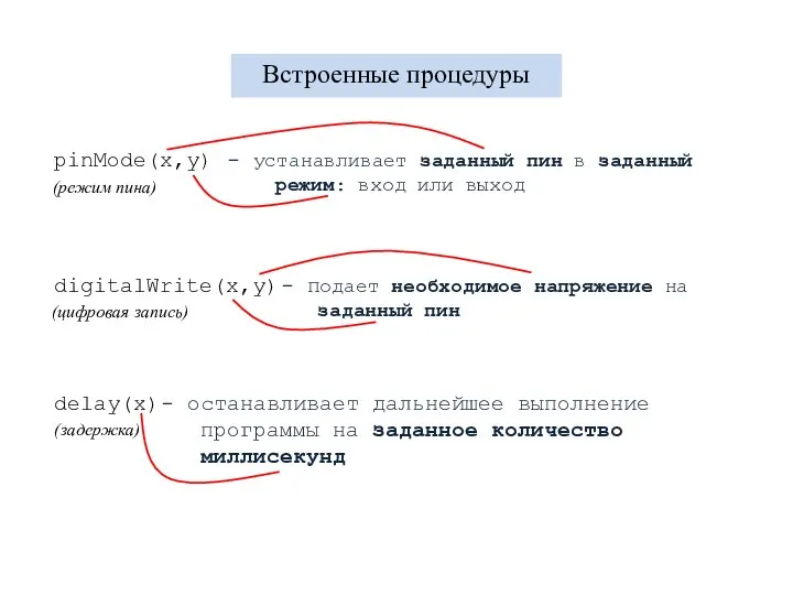 Встроенные процедуры pinMode(x,y) (режим пина) digitalWrite(x,y) (цифровая запись) delay(x) (задержка) -