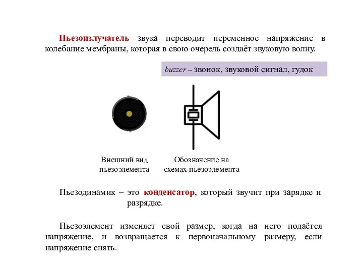 Пьезоизлучатель звука переводит переменное напряжение в колебание мембраны, которая в свою