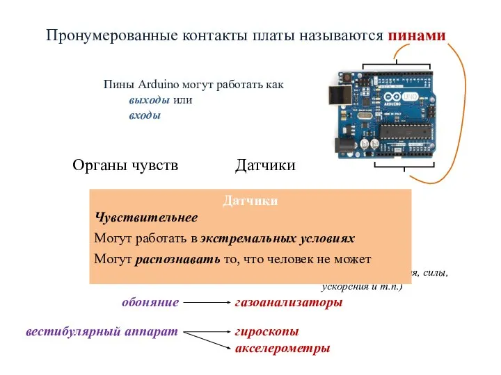 Пронумерованные контакты платы называются пинами Пины Arduino могут работать как выходы