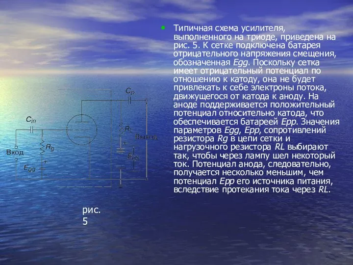 Типичная схема усилителя, выполненного на триоде, приведена на рис. 5. К