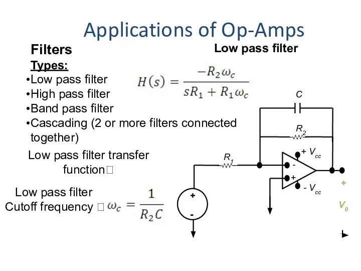 Applications of Op-Amps Filters Types: Low pass filter High pass filter